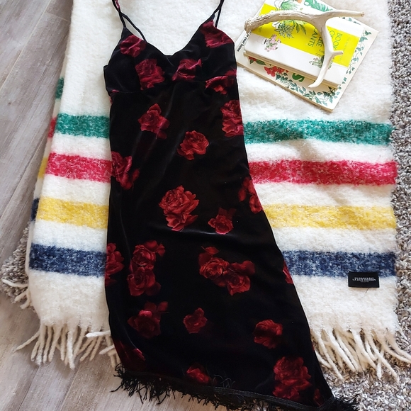 Vintage 90s velvet floral dress fringe asymmetrica - Picture 2 of 6